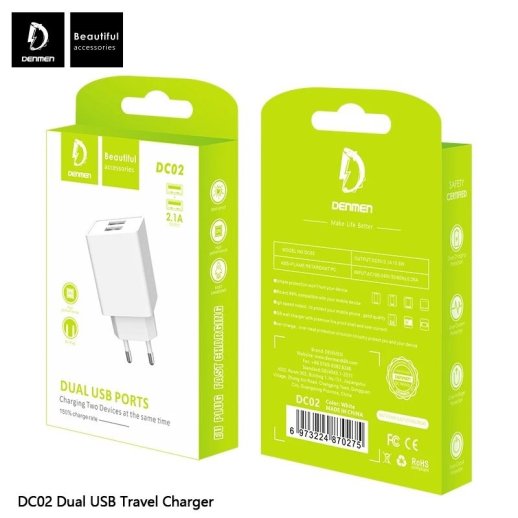 Мережевий зарядний пристрій DENMEN DC02 2.1A 2USB БІЛИЙ