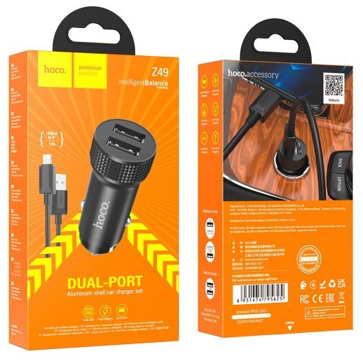 Автомобільний зарядний пристрій HOCO Z49 2USB 2,4A + кабель USB - Lightning, чорний