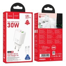 Мережевий зарядний пристрій HOCO N63 TYPE-C PD 30W + USB QC 3.0 + КАБЕЛЬ TYPE-C - TYPE-C, білий