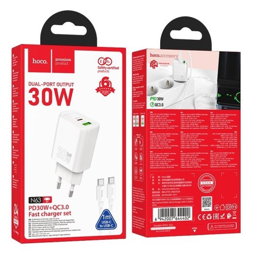 Мережевий зарядний пристрій HOCO N63 TYPE-C PD 30W + USB QC 3.0 + КАБЕЛЬ TYPE-C - TYPE-C, білий