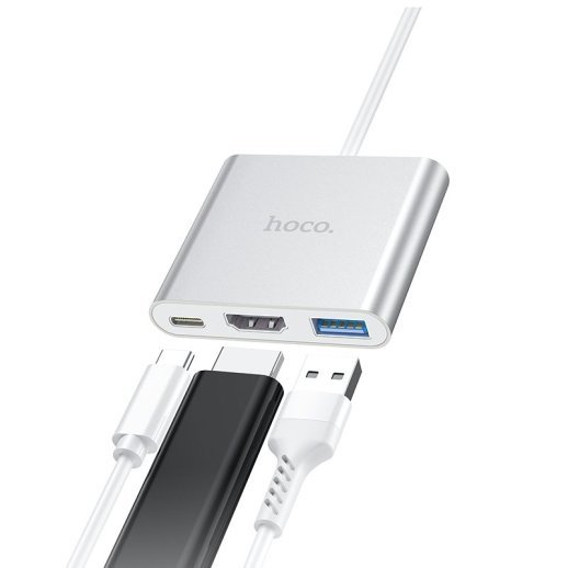 Адаптер-концентратор HOCO HB14 Easy Use Type-C - USB3.0 + HDMI + PD, алюминиевый корпус (серый)