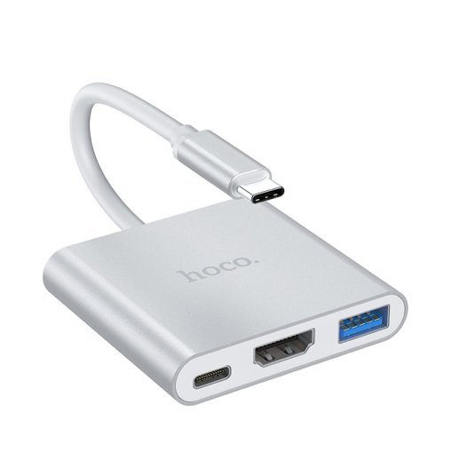 Адаптер-концентратор HOCO HB14 Easy Use Type-C - USB3.0 + HDMI + PD, алюминиевый корпус (серый)