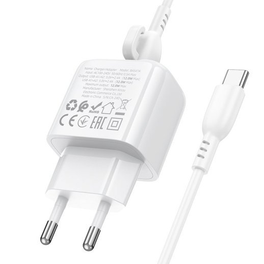 СЗУ Borofone BAS41A (2USB/2,4A) + USB - Type-C (белый)