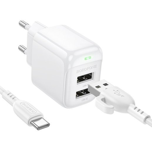 СЗУ Borofone BAS41A (2USB/2,4A) + USB - Type-C (белый)
