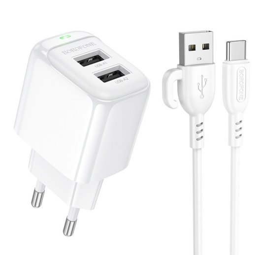 СЗУ Borofone BAS41A (2USB/2,4A) + USB - Type-C (белый)