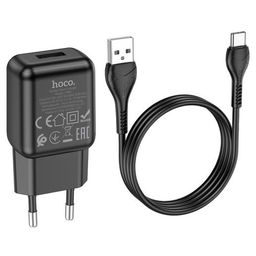 Мережевий зарядний пристрій HOCO C96A USB 2.1A + КАБЕЛЬ USB - Type-C чорний