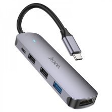 Адаптер-концентратор HOCO HB27 Type-C - USB 3.0 + 2×USB 2.0 + HDMI (HDTV) + PD, металік-сірий