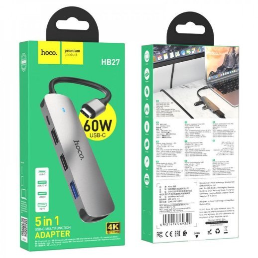 Адаптер-концентратор HOCO HB27 Type-C - USB 3.0 + 2×USB 2.0 + HDMI (HDTV) + PD, металік-сірий